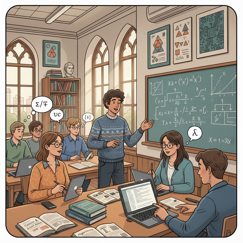 Students are engaged in a discussion about math and programming concepts within a European university classroom, with textbooks and laptops visible on the desks. Students discussing math and programming in a European university setting for university major selection