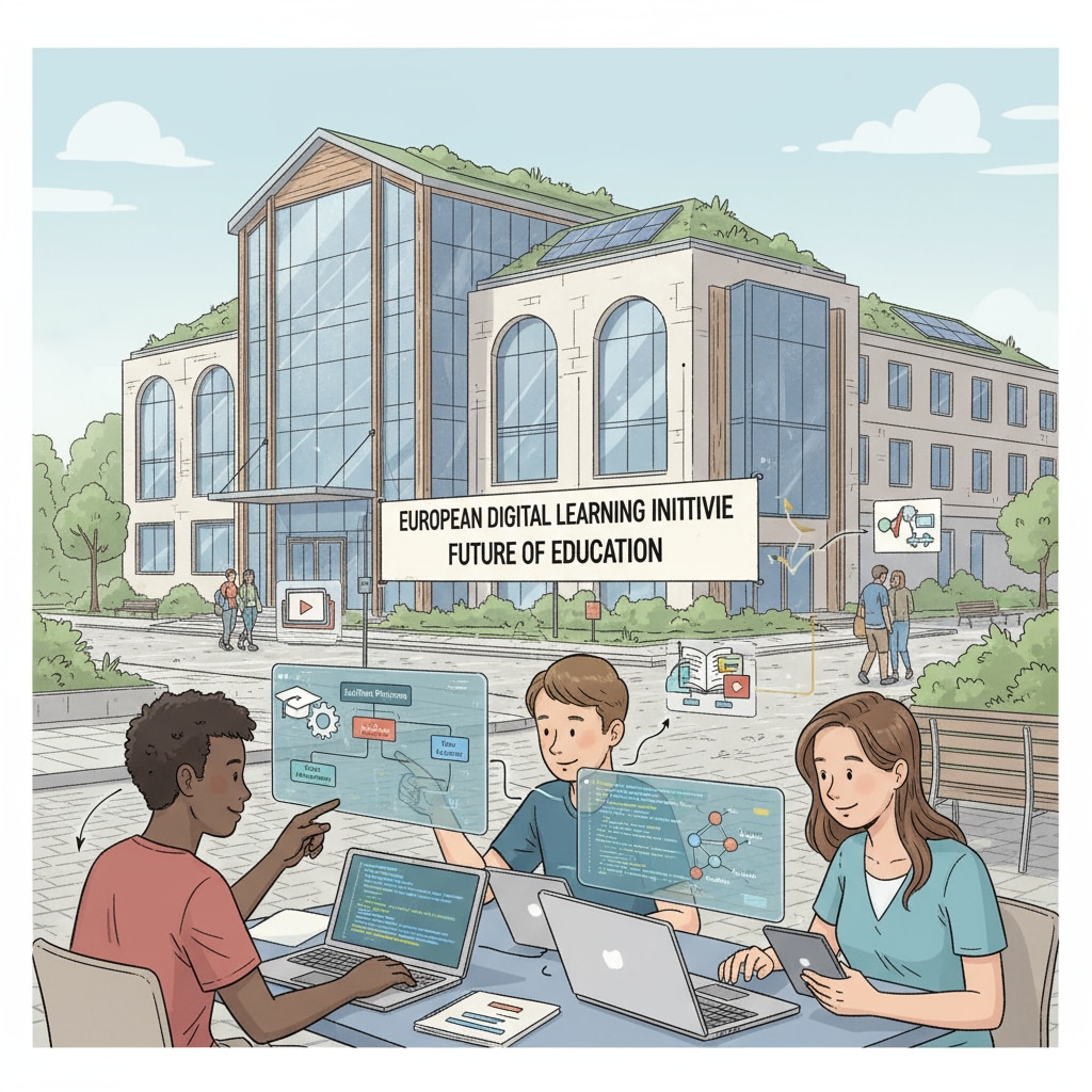 A view of a European university campus where students are actively working on programming projects that are related to education, with a modern building in the background. Students working on programming projects related to education at a European university for those with math and programming skills