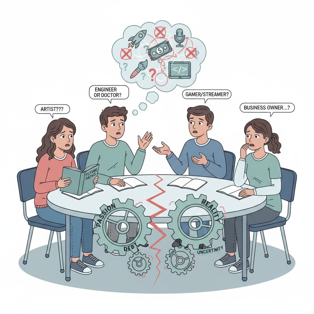 A group of teenagers are gathered together, looking worried as they talk about their career dreams, highlighting the conflict they face. Teenagers discussing career choices under parental pressure and considering military careers