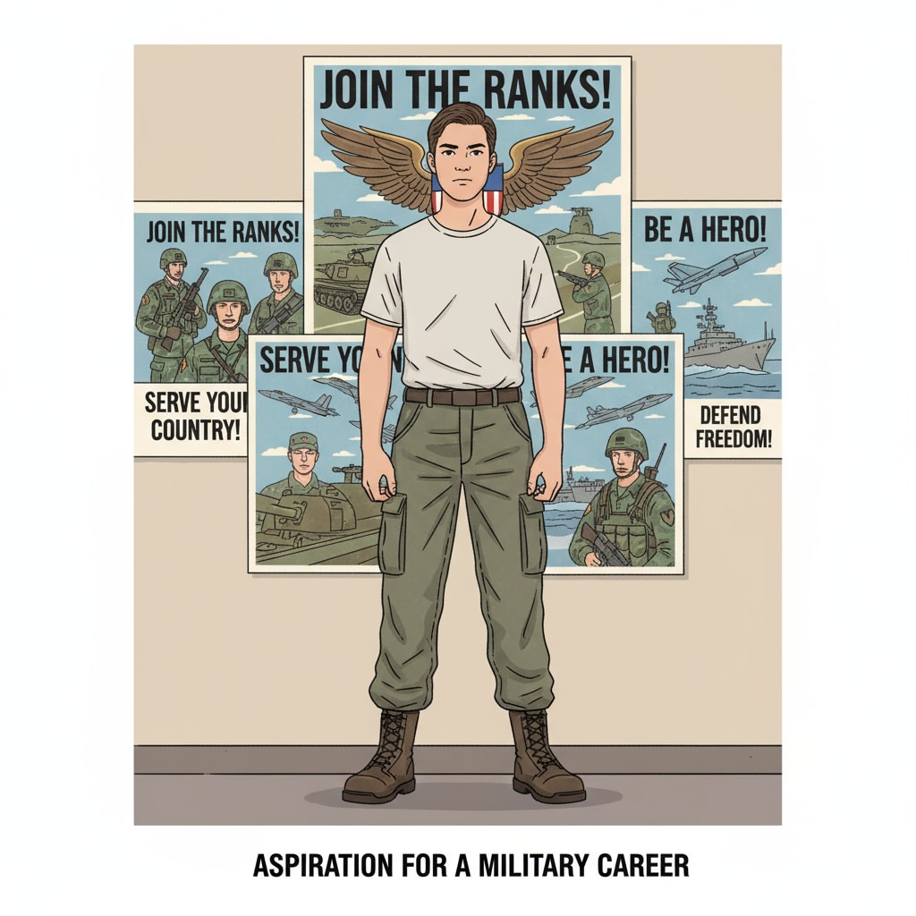A young person is standing in front of military recruitment posters, looking determined, showing the aspiration for a military career. A young person with a strong will to pursue a military career despite parental pressure
