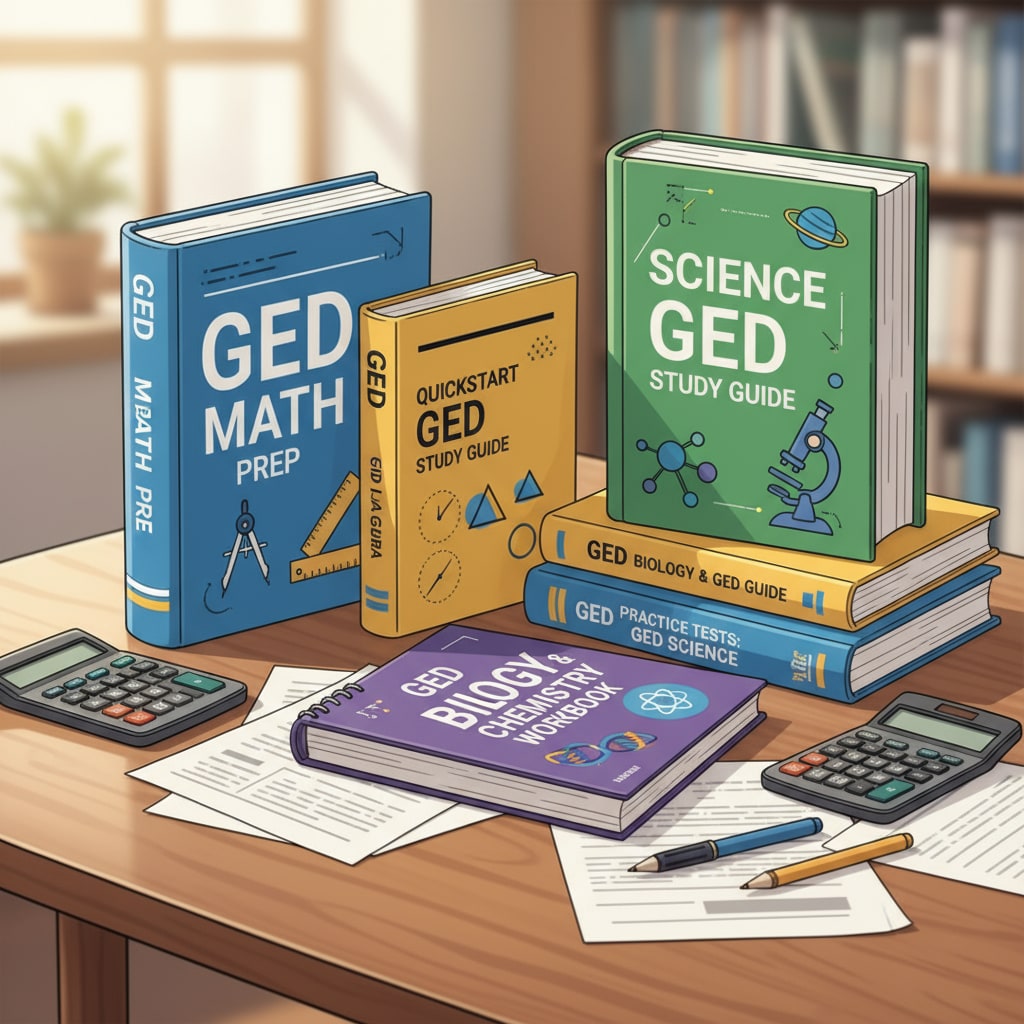 A collection of books and study guides related to GED math and science are neatly arranged on a wooden table, showing titles and covers relevant to the subjects. GED math and science books and study guides