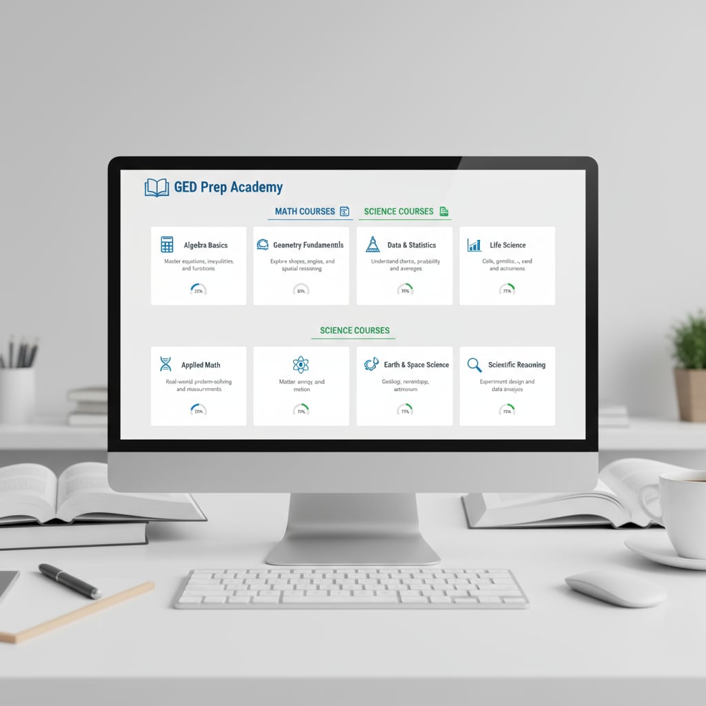 A computer screen displays various GED math and science courses available on an online learning platform, with course titles and descriptions visible. GED math and science courses on an online learning platform