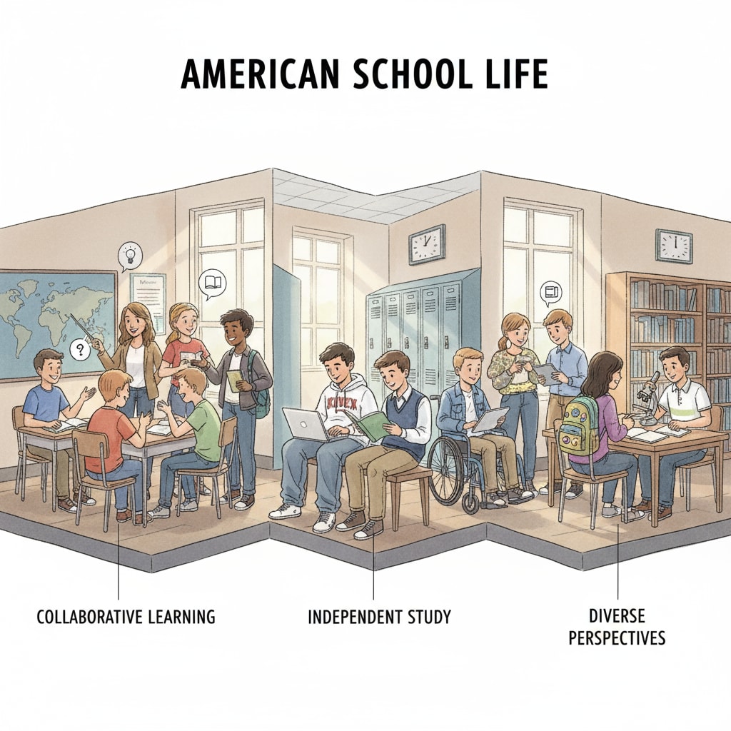 A scene showing students from different social classes in an American school, with some students engaged in discussions while others are working independently. Students from different social classes in an American school environment