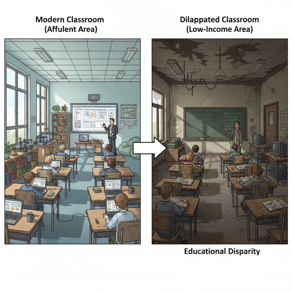 A side-by-side comparison of a modern, well-equipped classroom in an affluent area and a dilapidated classroom in a low-income area. A comparison of school facilities in affluent and low-income areas