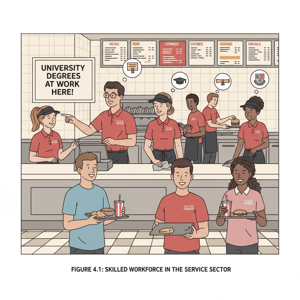 A group of young people with university degrees working in a fast-food restaurant. They are wearing uniforms and serving customers. Young people with university degrees in the fast-food job market for career development