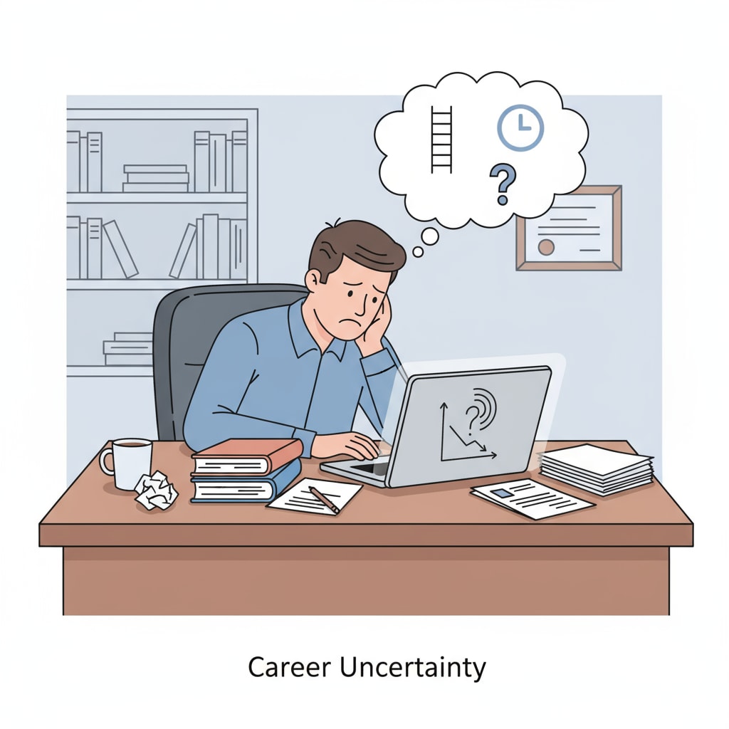 A person sitting at a desk, looking worried about their career. They are frowning and have a thoughtful expression. A person worried about their career development in the current job market with a university degree