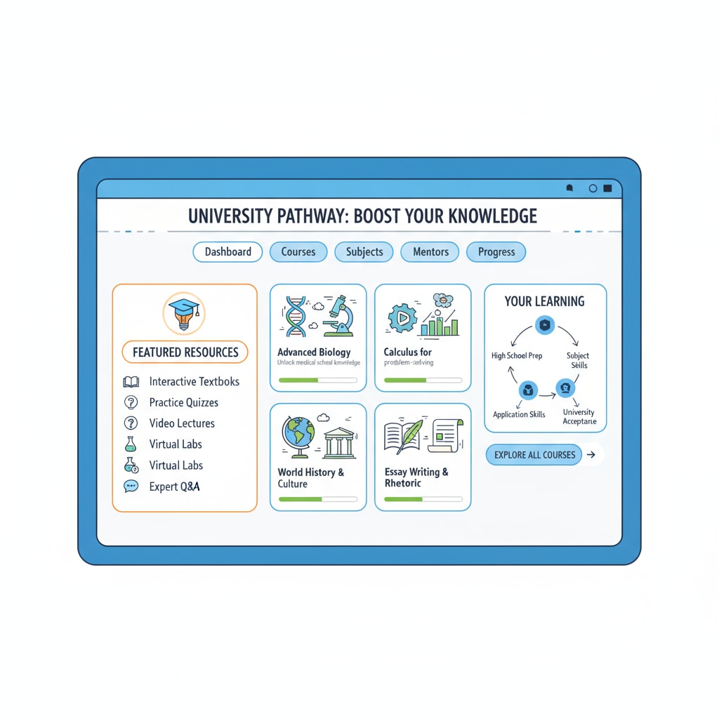 The screenshot displays an online learning platform filled with different courses, emphasizing the abundance of digital learning resources available for students to enhance their knowledge for university applications. Online learning platform with courses for university application preparation