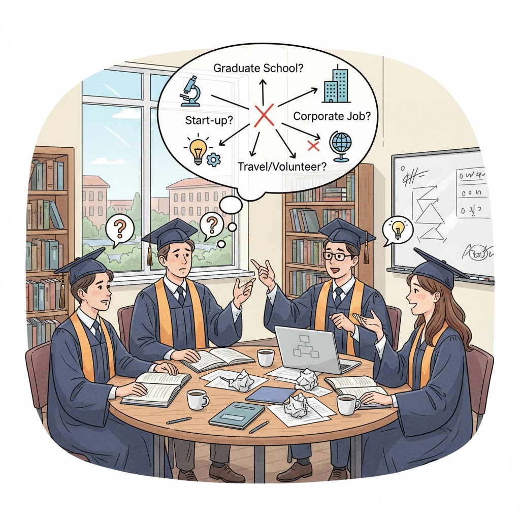 A group of graduates are sitting around a table, having a lively discussion about their future career and education options, showing the uncertainty and decision-making process. Graduates discussing career and education choices related to continuing education, career selection, and degree enhancement