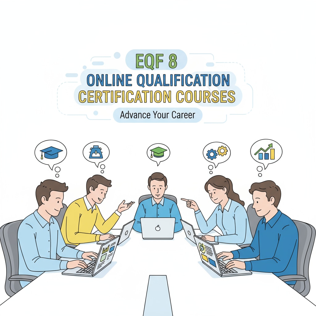 A group of full-time workers sitting around laptops, showing interest in EQF 8 online qualification certification courses. Full-time workers exploring EQF 8 online education and qualification certification options