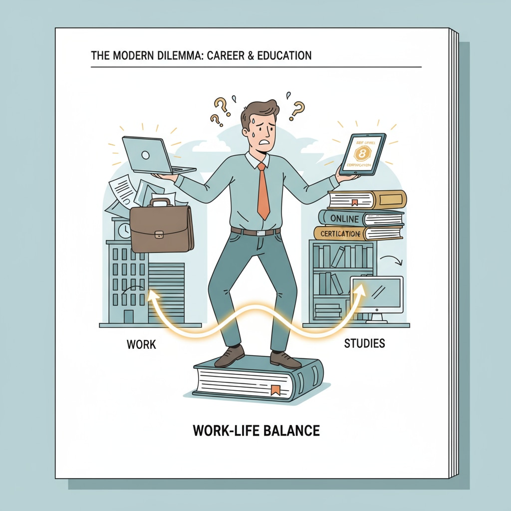 A single full-time worker with a worried expression, trying to manage work and studies for EQF 8 online certification. Full-time worker facing challenges in pursuing EQF 8 online education qualification certification
