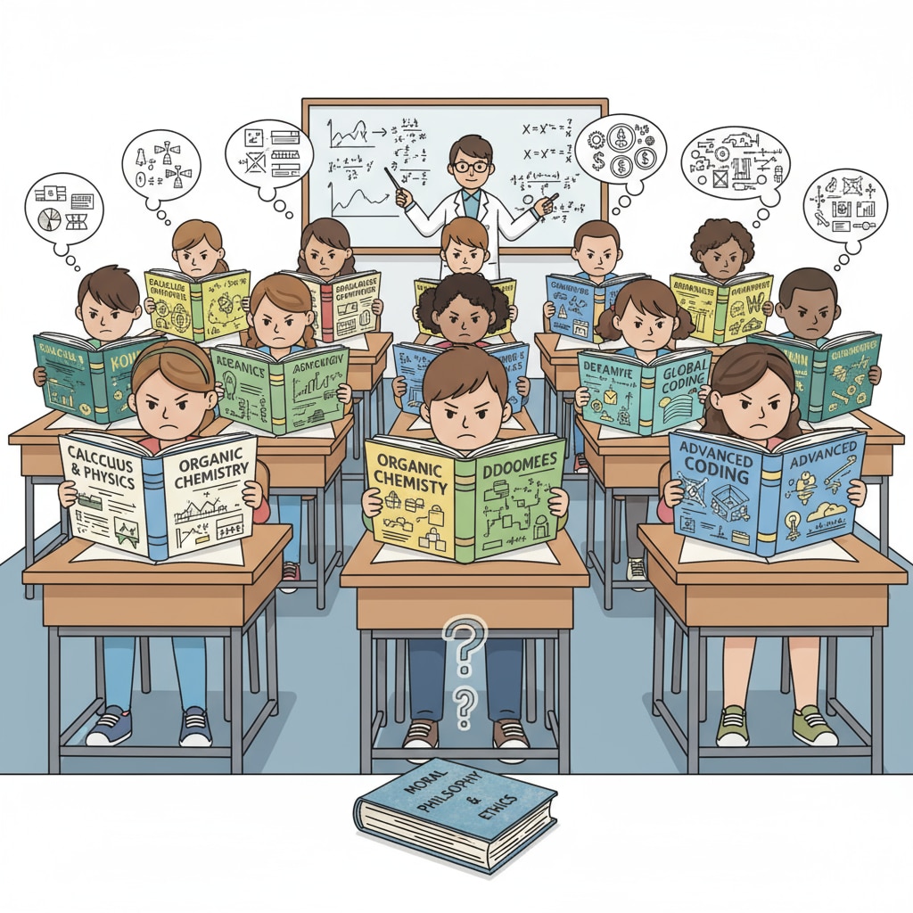 A classroom scene where students are only focused on academic textbooks, showing the neglect of moral philosophy education A classroom scene depicting the lack of moral philosophy in education