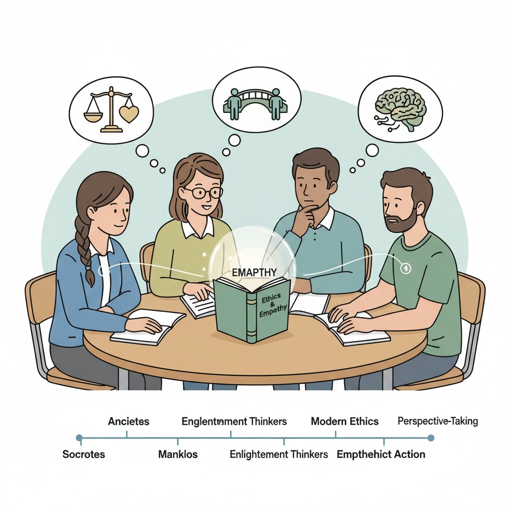 A group of students discussing a moral dilemma, showing the development of empathy through moral philosophy study Students discussing a moral dilemma to develop empathy in moral philosophy education