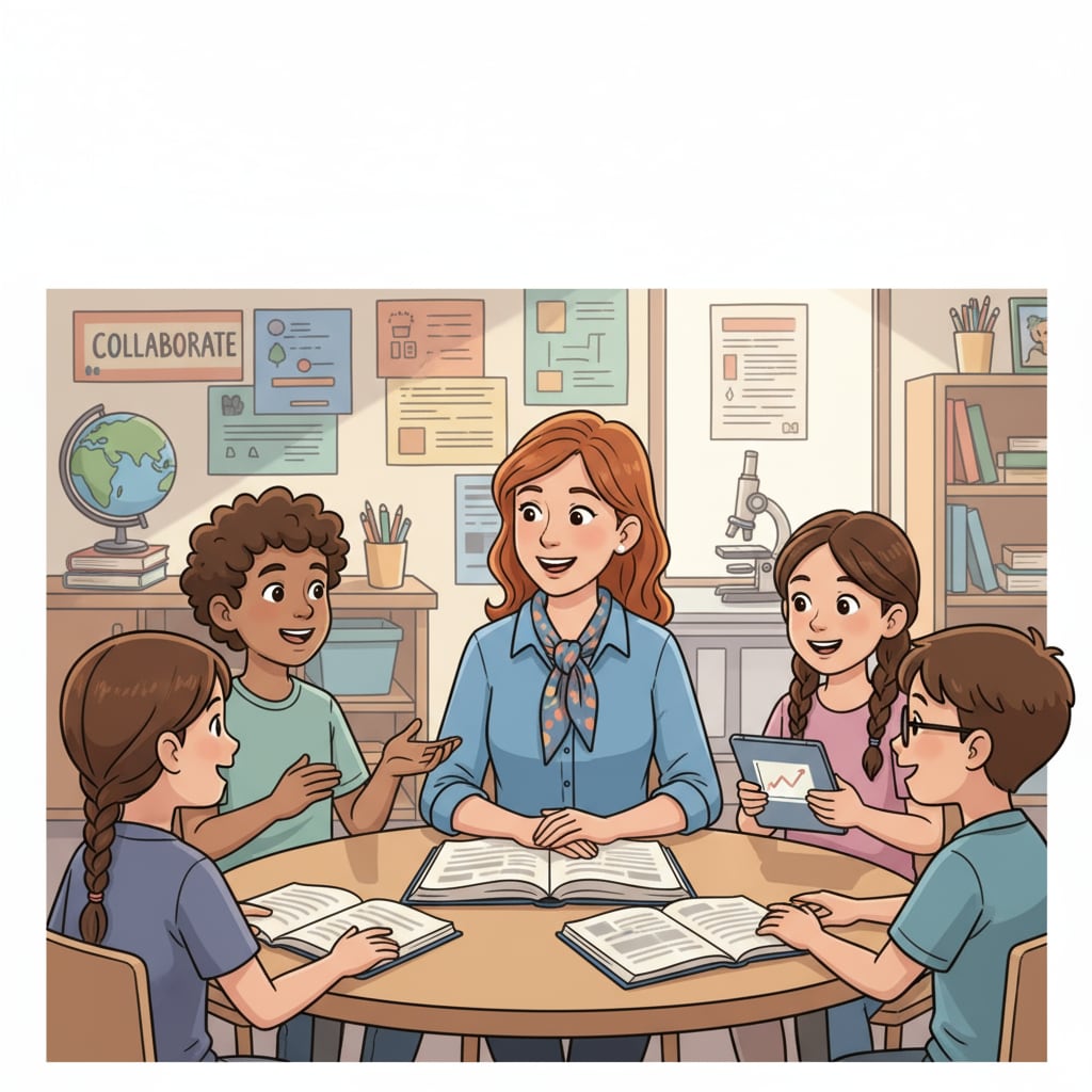 A teacher is smiling and having a friendly conversation with a group of students, creating a supportive learning environment. A teacher fostering a positive environment for adolescent education and basic literacy learning through interaction