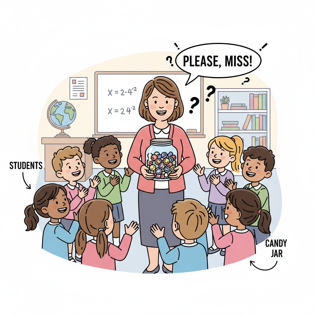 A group of students are smiling and gathered around an educator, asking for candy. Students asking an educator for candy in a workplace relationship context