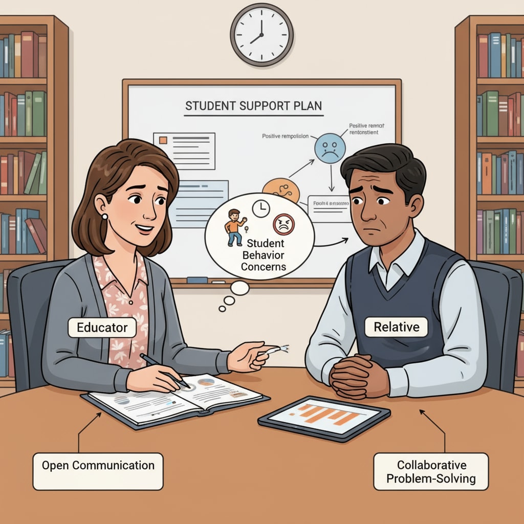 An educator and a relative are sitting across from each other, having a serious conversation about a student's behavior. Educator having a conversation with a relative about a student's behavior in workplace relationships