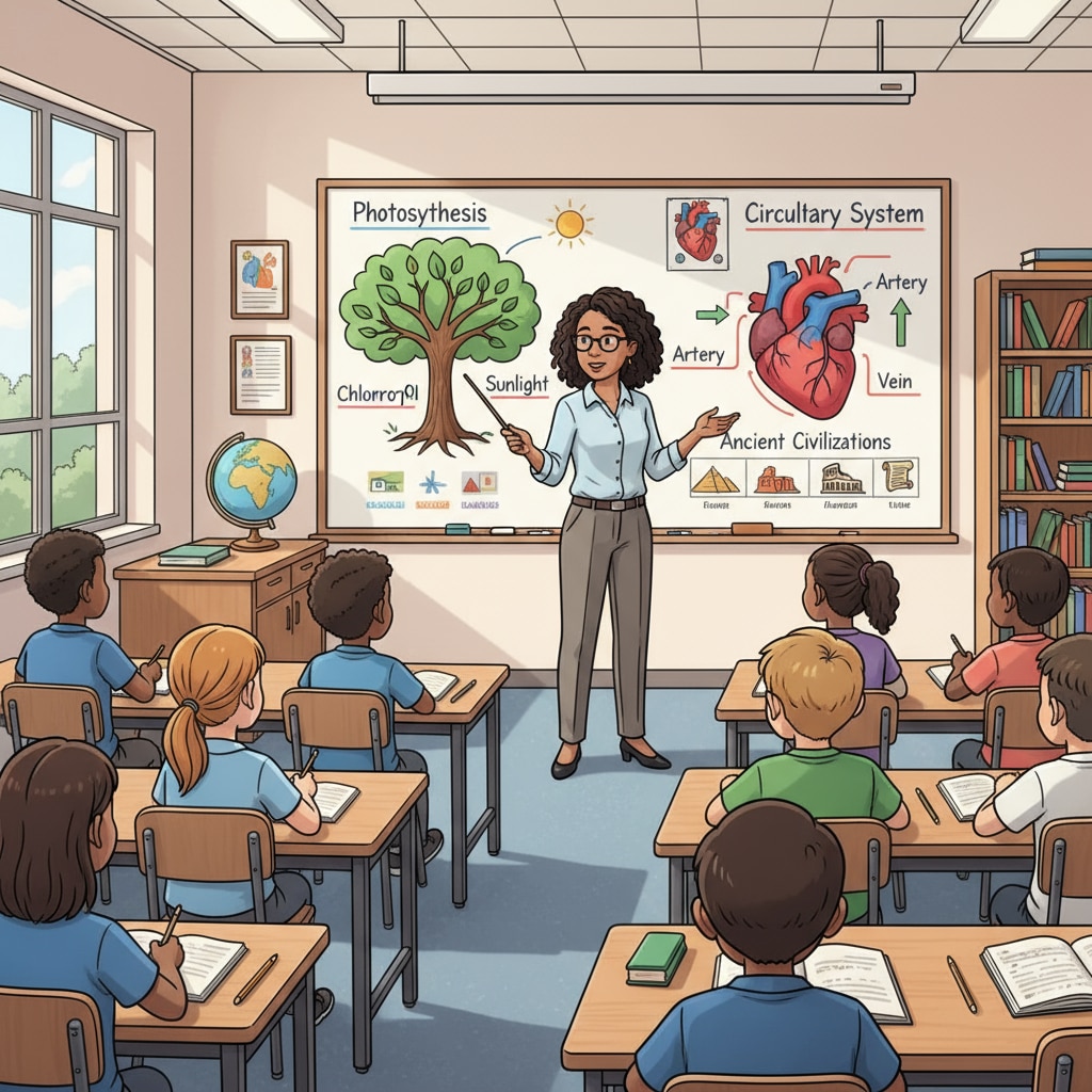 A teacher is standing in front of a whiteboard, using visual aids while giving a lecture. Students are sitting in their seats, paying close attention. A classroom lecture scene where students' attention is engaged