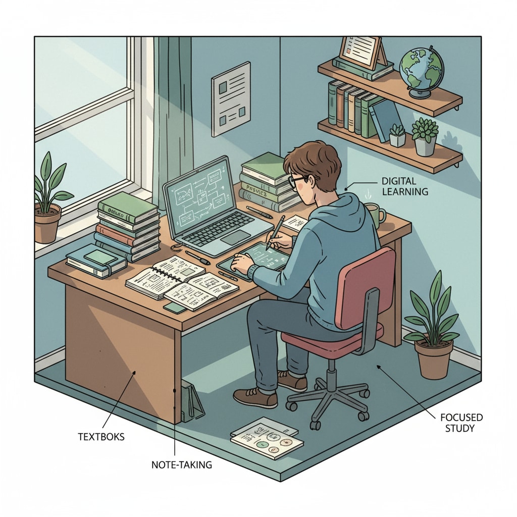 A student is sitting alone at a study desk. There are books, notebooks, and a computer open. The student is focused on self-study. A student engaged in self-study