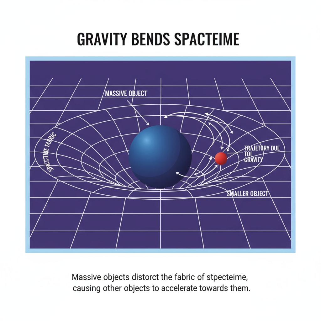 An illustration depicts a basic model demonstrating how gravity causes spacetime to bend, with lines representing spacetime being distorted around a massive object. Illustration of how gravity bends spacetime related to time, gravity, and relativity