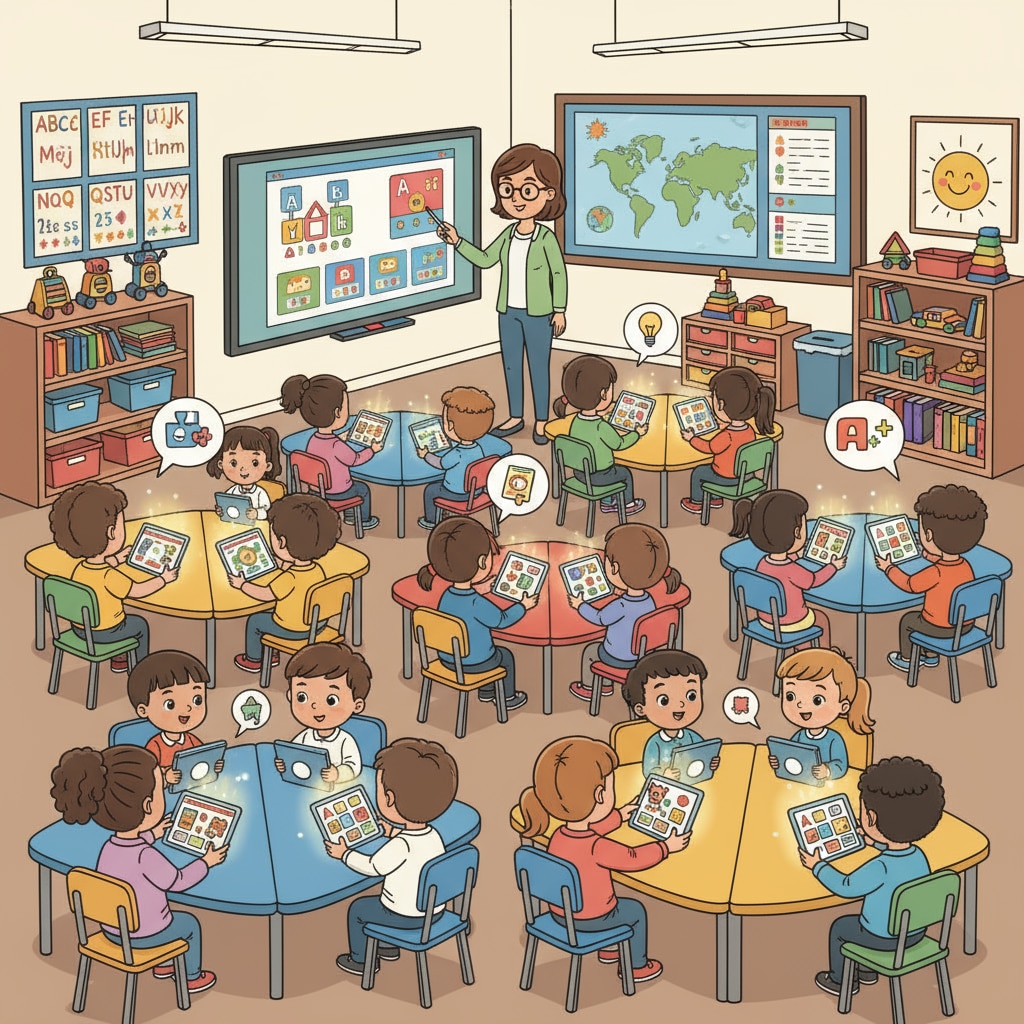 A group of children are using tablets with educational apps in a kindergarten classroom, representing the integration of digital platforms in early education. Children using tablets with educational apps related to School Account Systems, Peachjar, and Securely in a kindergarten