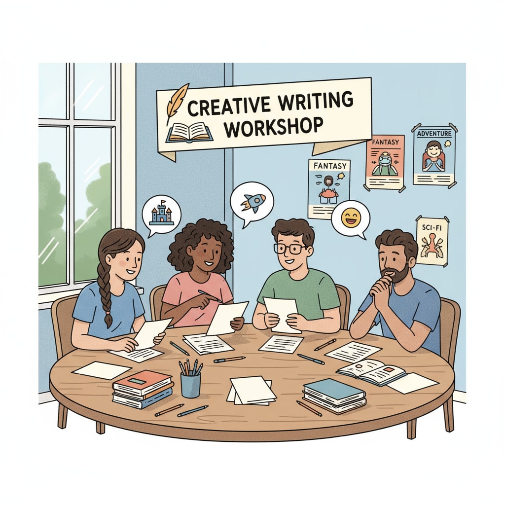 A group of students discussing and writing their own original stories. They are sitting around a table, with papers and pens in hand, engaged in a lively conversation about their ideas. Students engaged in writing original stories, highlighting authenticity and writing style