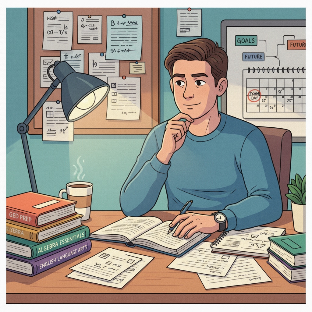 An individual is shown poring over books and notes, clearly dedicated to the task of getting ready for a GED or HiSet exam. Person studying for GED or HiSet