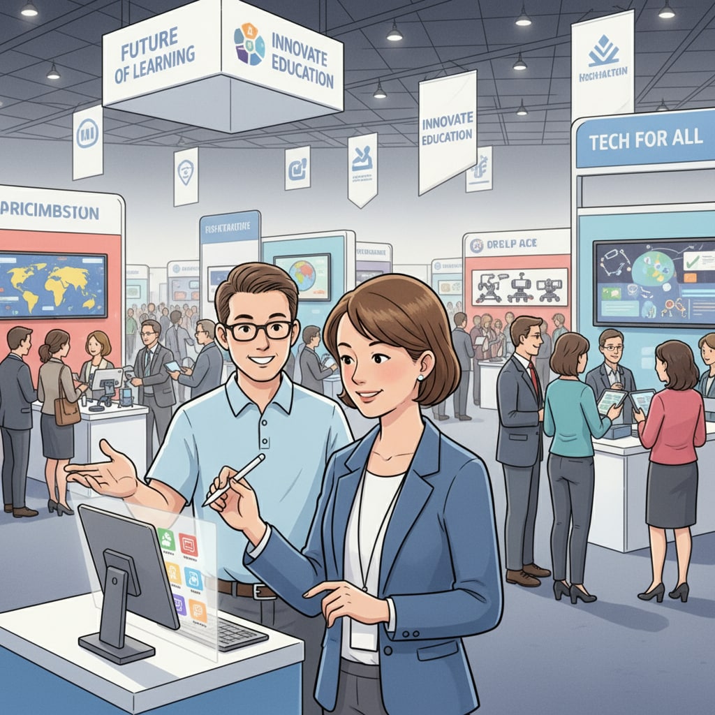 A teacher is walking around an educational technology conference hall. There are various booths with different tech demos. The teacher is looking at a tablet-based teaching tool on display. Teacher exploring educational technology at a conference
