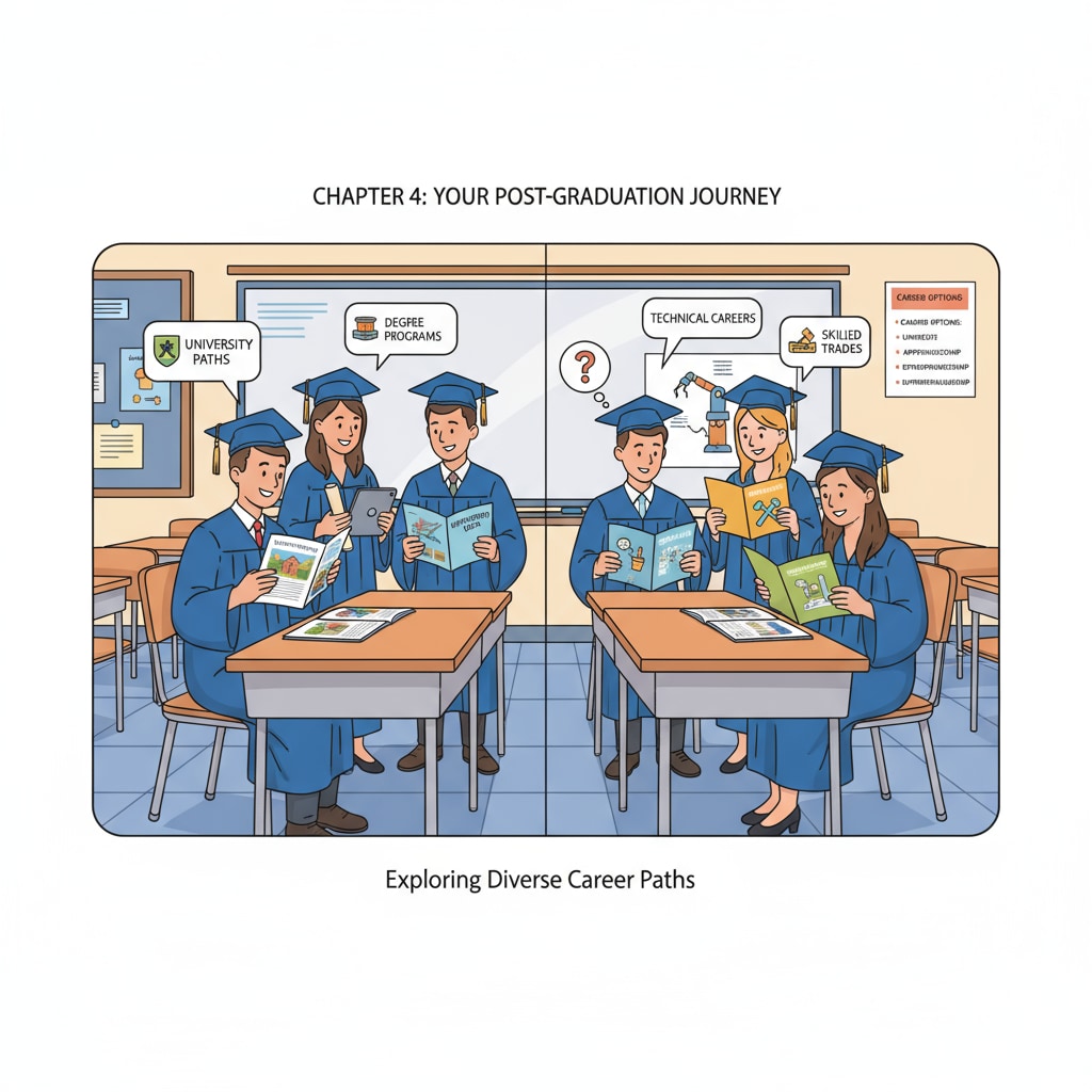 A group of high school graduates are gathered in a classroom, engaged in a lively discussion about their future career options. Some are holding brochures about universities, while others are looking at materials related to trades. High school graduates discussing career choices between university and trades