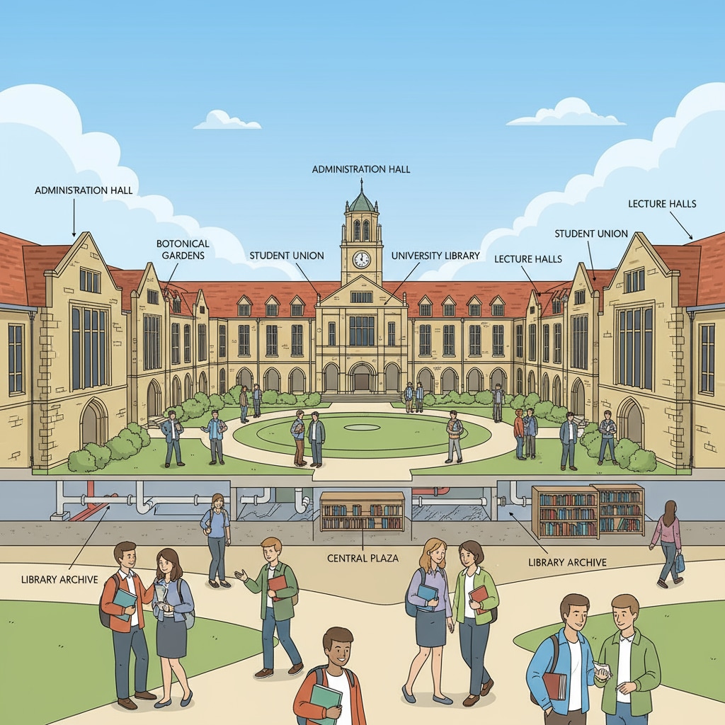 A view of a university campus with students walking along paths, carrying books and chatting. There are academic buildings in the background. University campus scene related to post-secondary education