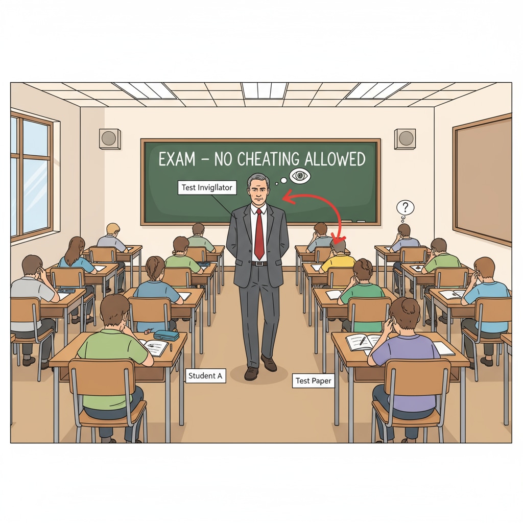 A test invigilator is seen walking around a classroom filled with students taking an exam. The invigilator is observing the students to ensure no one is cheating. A test invigilator performing their duties during an exam related to test invigilator work experience and job hunting