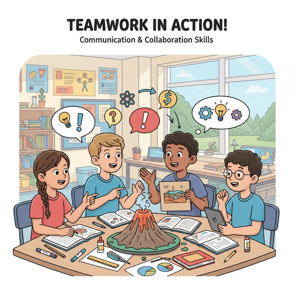 A group of middle school students collaborating on a project, actively communicating and sharing ideas, which vividly demonstrates teamwork and communication skills. Middle school students showing teamwork and communication skills for workplace readiness and education reform