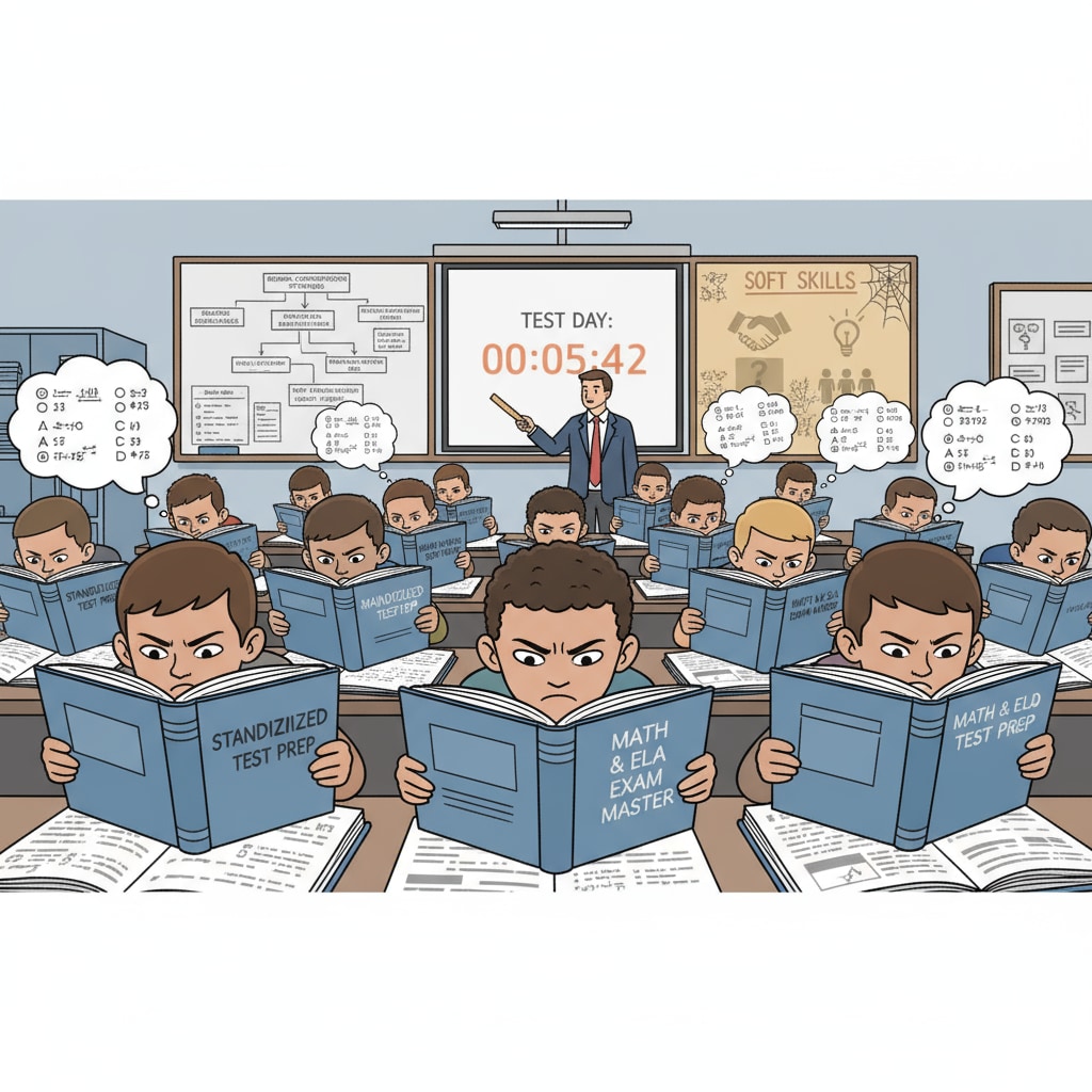 A middle school classroom scene where students are buried in textbooks, concentrating on preparing for standardized tests, highlighting the lack of attention to soft skills cultivation. Middle school classroom focused on standardized tests, lacking soft skills education for workplace readiness and education reform