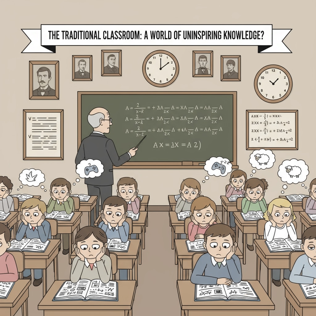 A classroom scene with students looking bored, representing the limitations of traditional education Students looking bored in a traditional classroom setting related to alternative education for engineering and computer science