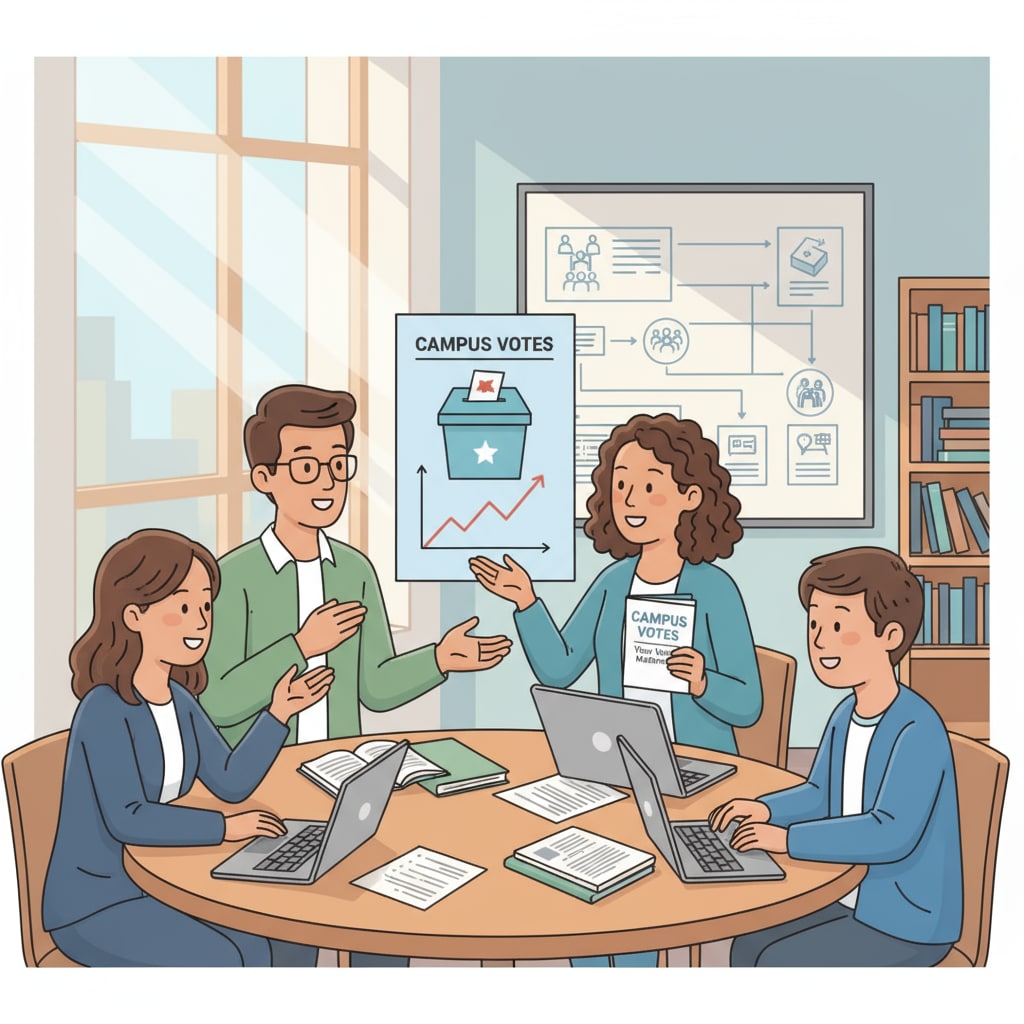 A group of college students are having a lively discussion about voting on campus, with some holding papers related to voting information. College students discussing voting on campus as part of campus promotion and voter education efforts