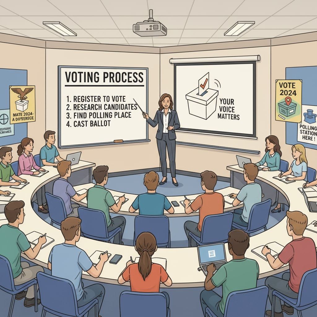 Students are attentively listening to a speaker during a voter education workshop on campus, with visual aids about voting on display. Students attending a voter education workshop on campus to enhance their knowledge for better voting participation