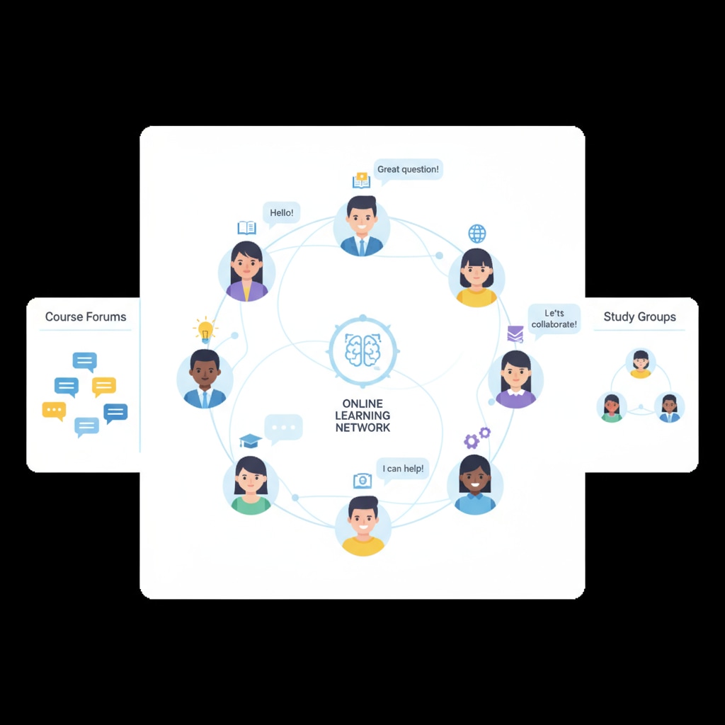 A visual representation of people interacting in an online education community, with different avatars and chat bubbles. People interacting in an online K12 education community following community rules and using educational subreddits.