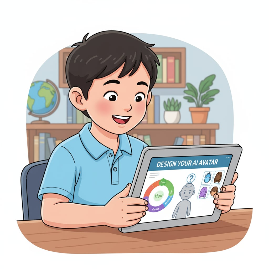 Child designing an AI avatar with joy