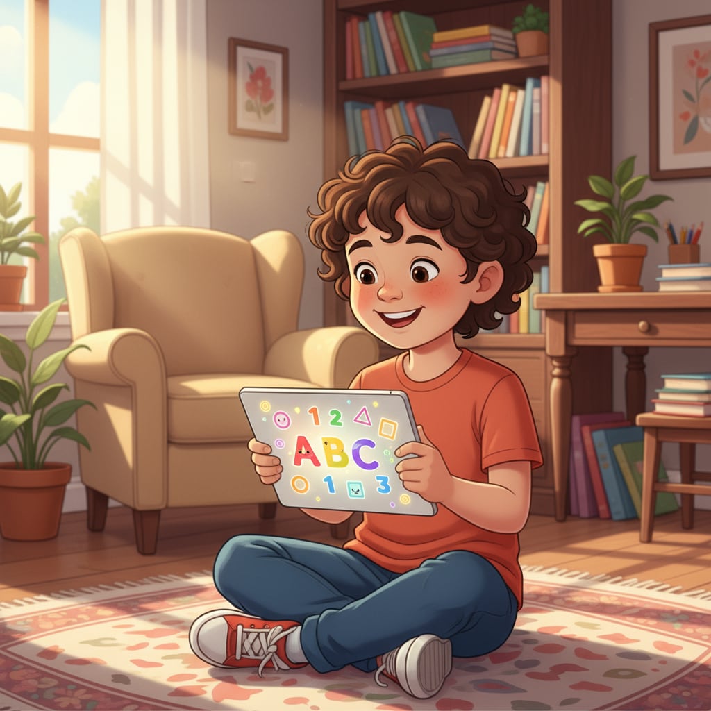 A young child (around 7-9 years old) is happily engaged with a tablet, smiling, while vibrant, educational graphics are displayed on the screen. The background is a cozy, brightly lit home setting, suggesting a positive learning environment. Child happily uses a digital learning platform on a tablet.