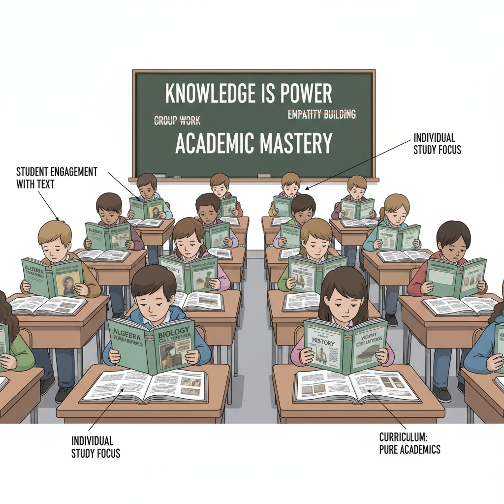 A group of middle school students sitting at desks, looking at textbooks, representing the current education focus on academic knowledge rather than soft skills Middle school students focused on textbooks, showing the dominance of academic knowledge over soft skills in current education