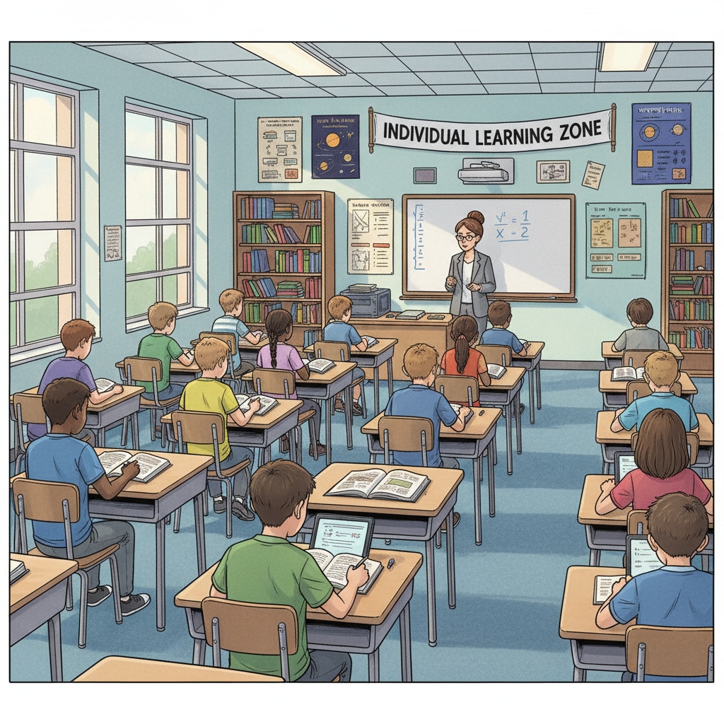 A middle school classroom with students working individually at desks, highlighting the lack of group work for soft skills development Middle school students working alone, indicating the lack of group activities for soft skills cultivation