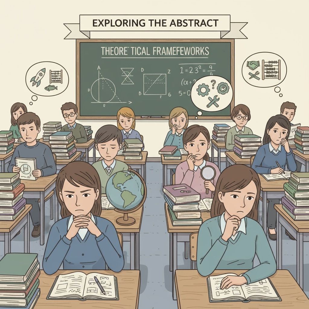 A classroom scene shows students sitting at desks, surrounded by textbooks. They are concentrating on their studies but there is a sense that what they are learning may not have an immediate connection to real-world situations. A classroom scene highlighting the potential disconnect between school education and real life in terms of practicality and academic performance evaluation