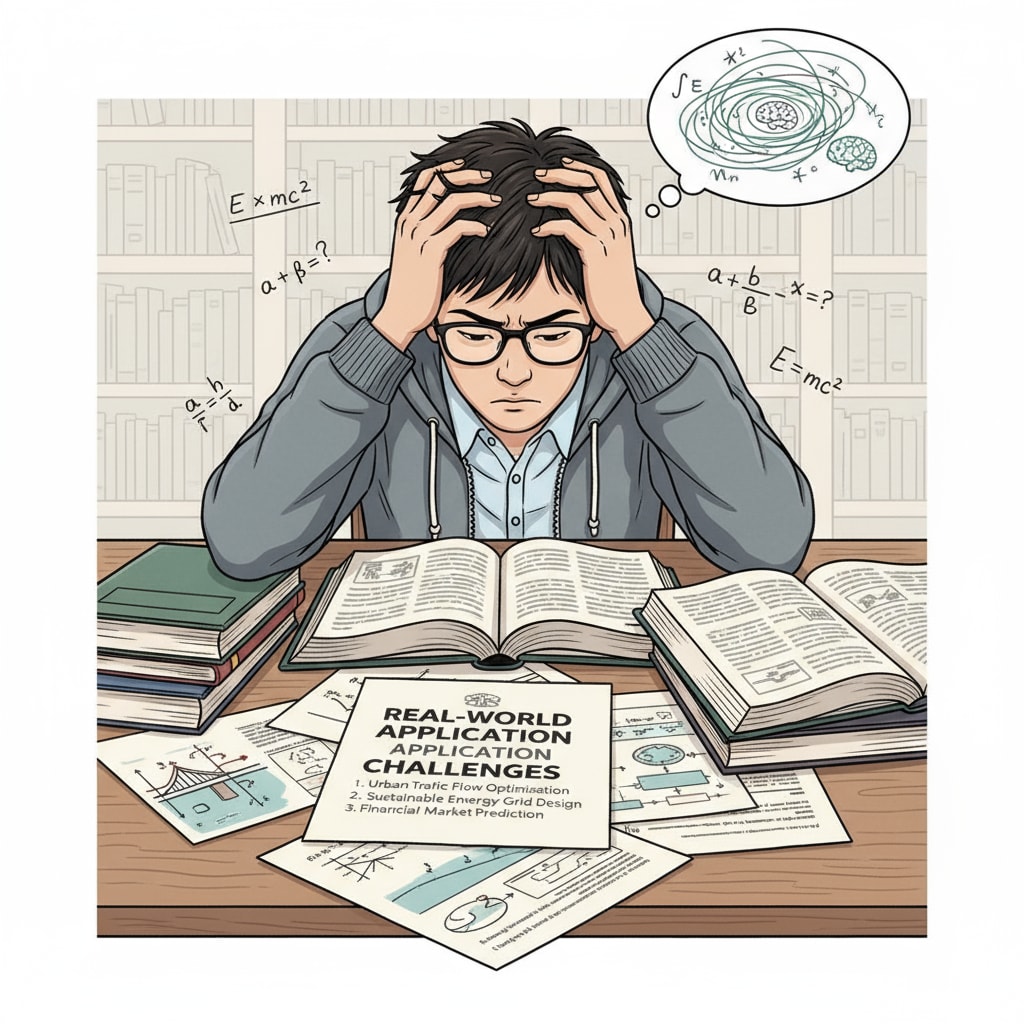 A young student is sitting at a table, looking perplexed. There are papers with real-life problem scenarios in front of him, and he is struggling to use the knowledge he has learned in school to find solutions. A student's struggle to apply school-learned knowledge to real-life problems, related to school education practicality and academic performance evaluation