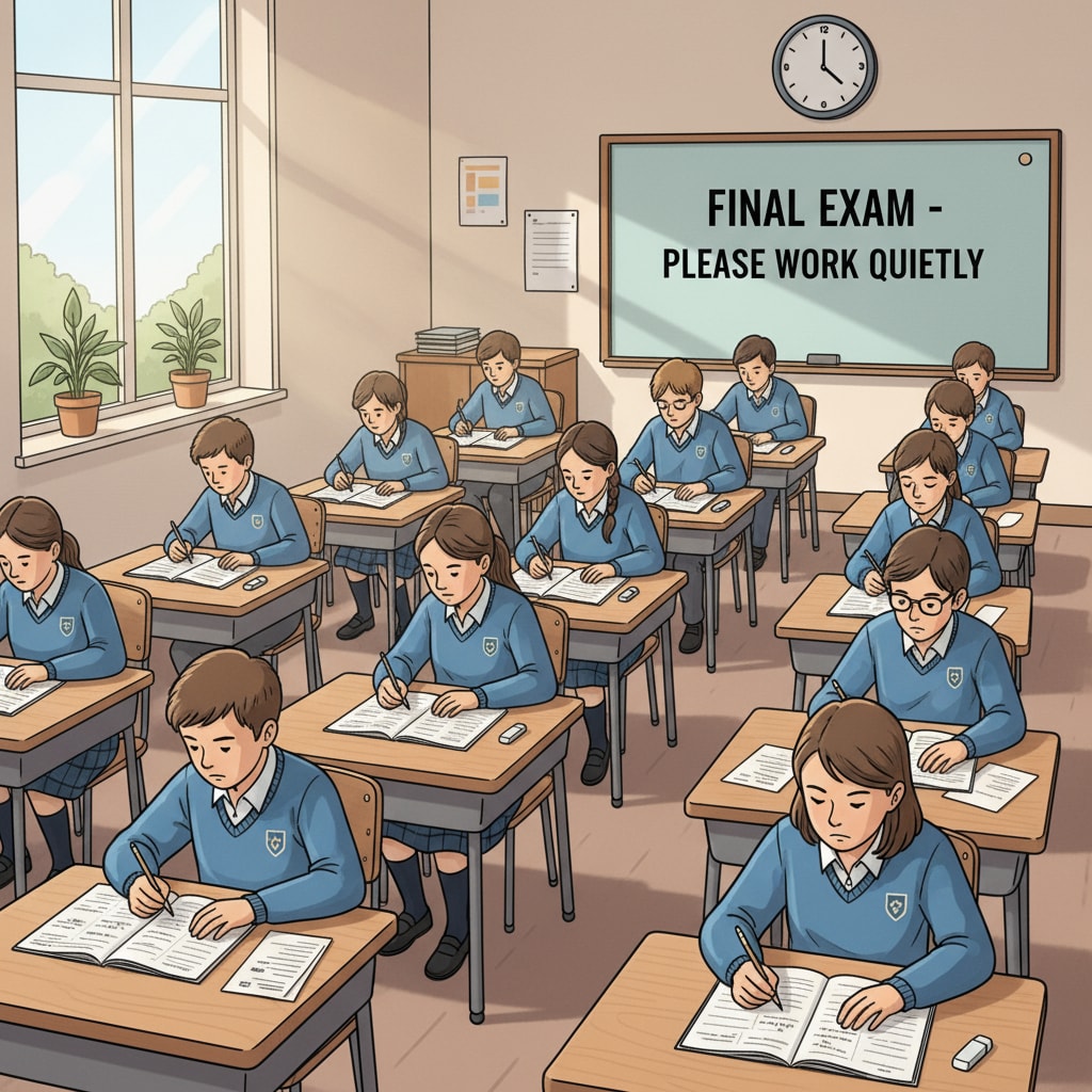 A classroom scene where students are taking a traditional written test, with desks neatly arranged and students concentrating on answering questions. Student assessment in a traditional K12 classroom - educational measurement in action