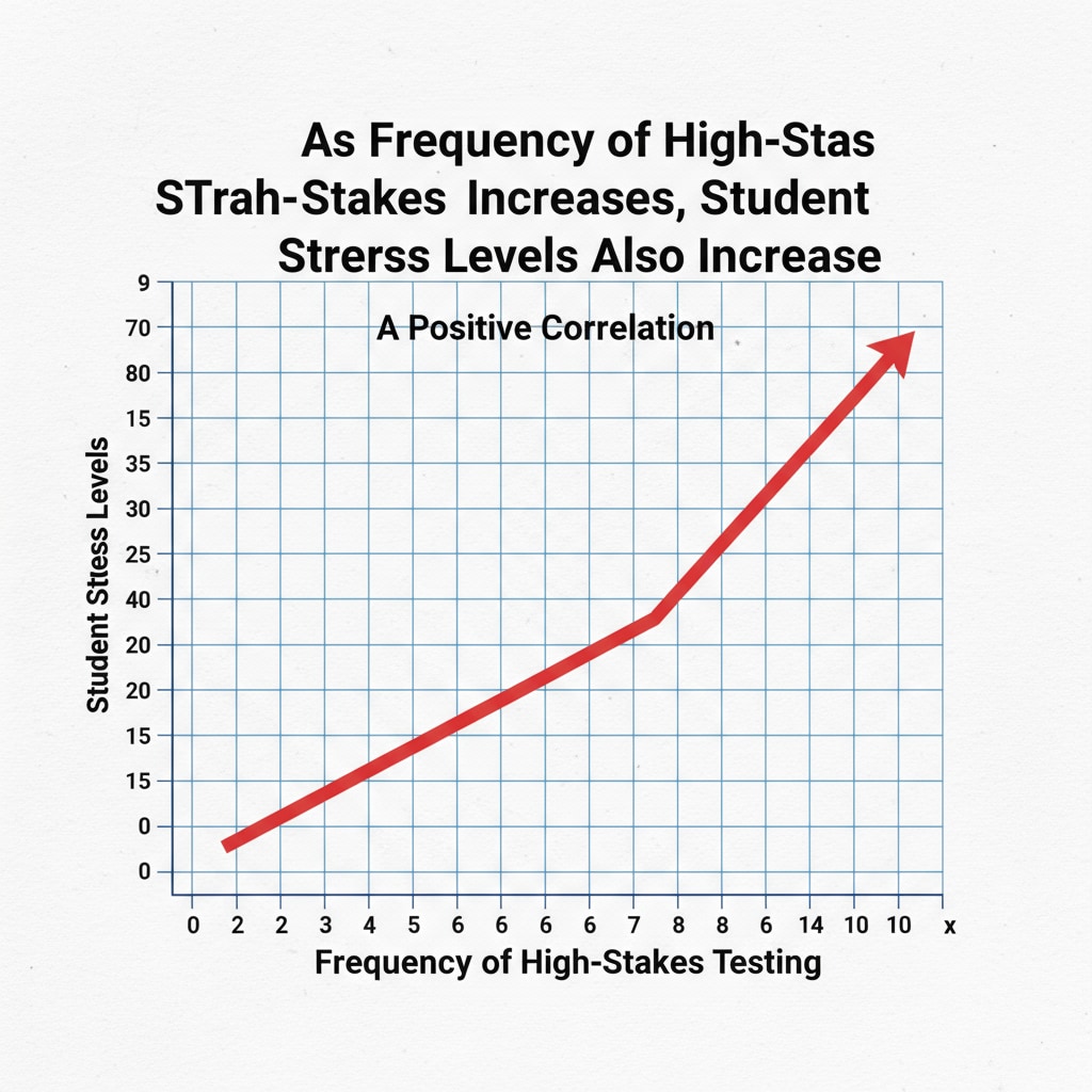 A graph with a rising line indicating the increasing stress levels of students as the frequency of high-stakes testing increases. The impact of high-stakes testing on student stress levels - related to educational measurement and teaching strategies