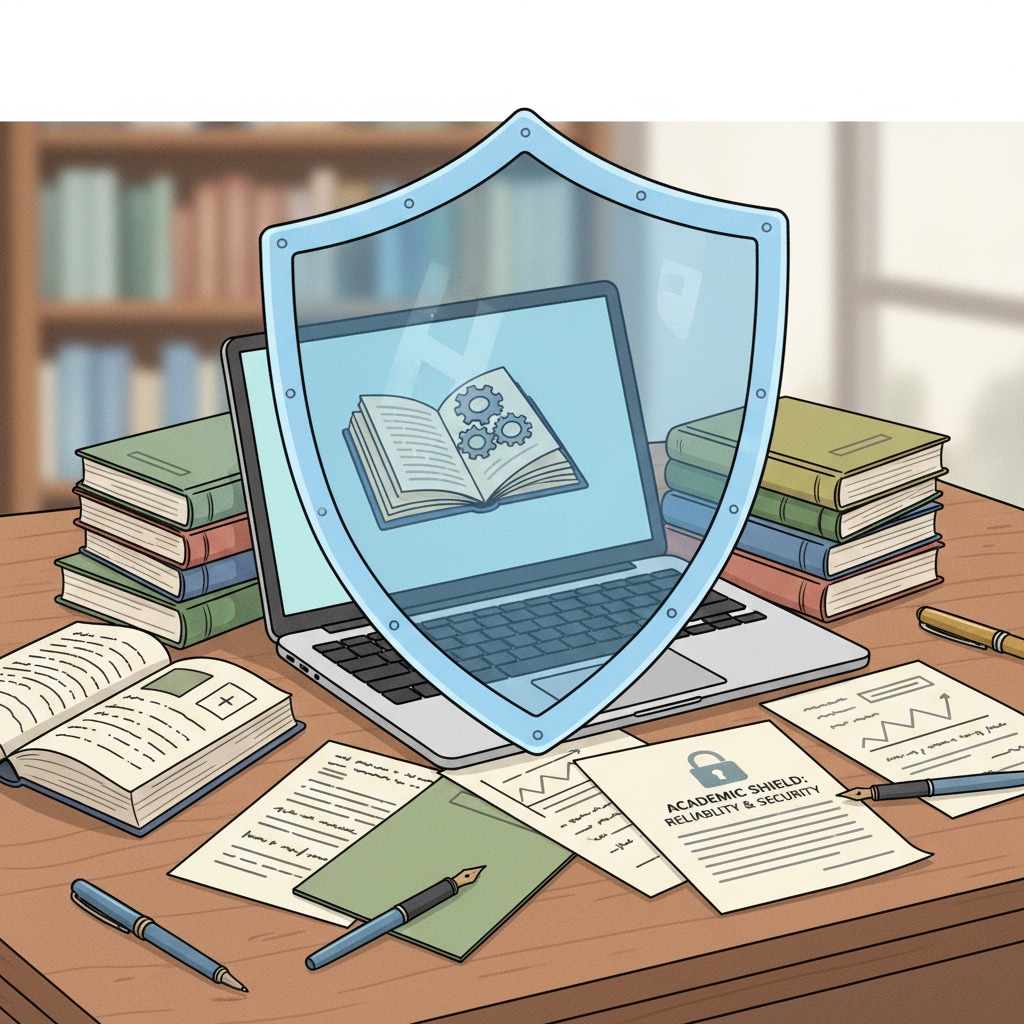 The illustration depicts a shield around a laptop with papers and pens, symbolizing the protection of reliability and security in academic writing services. Illustration showing reliability and security in LawEssayPros academic writing service