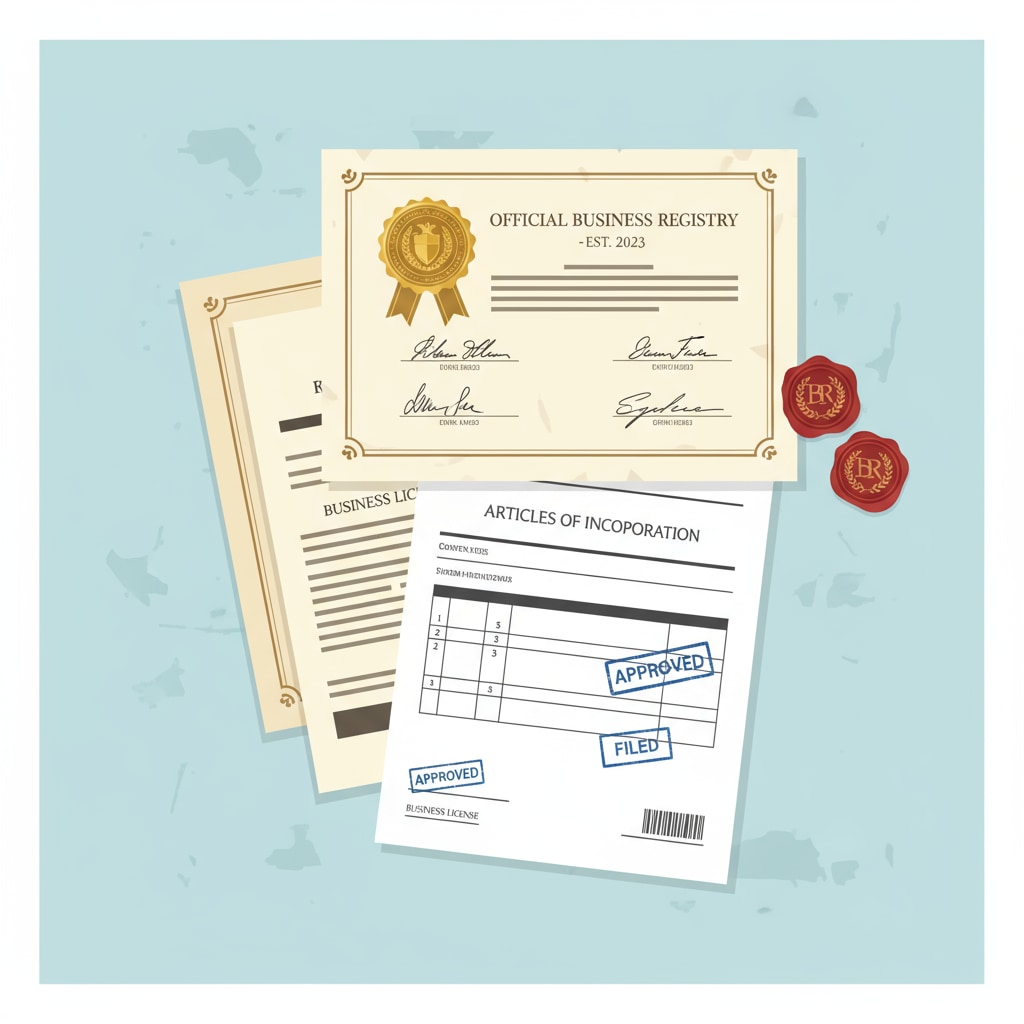 The visual shows a set of official - looking business registration documents with seals and signatures. Visual representation of LawEssayPros' business registration documents