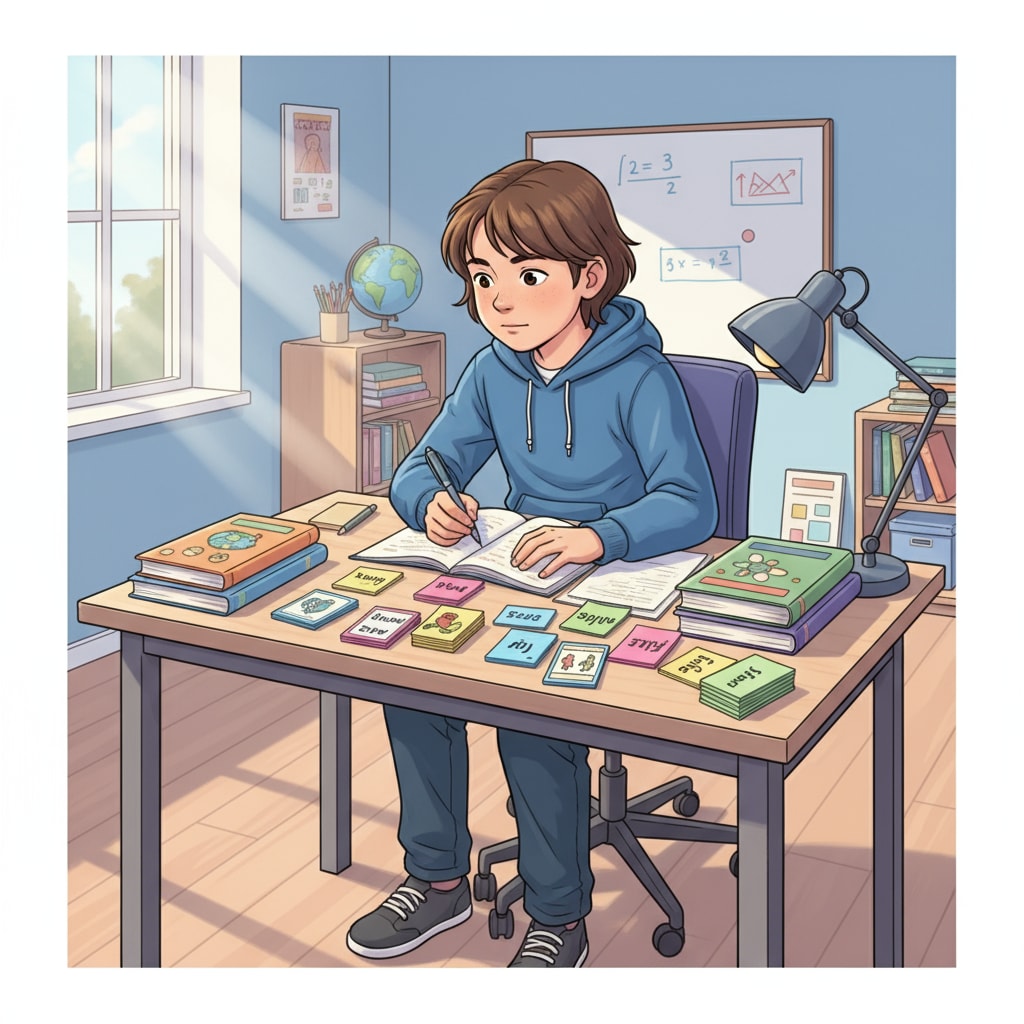 A child (age 8-10) sitting at a desk, looking engaged and focused while studying with colorful notes and flashcards. The environment is bright and organized, suggesting a positive learning space. A child actively applying effective study techniques using flashcards and notes.