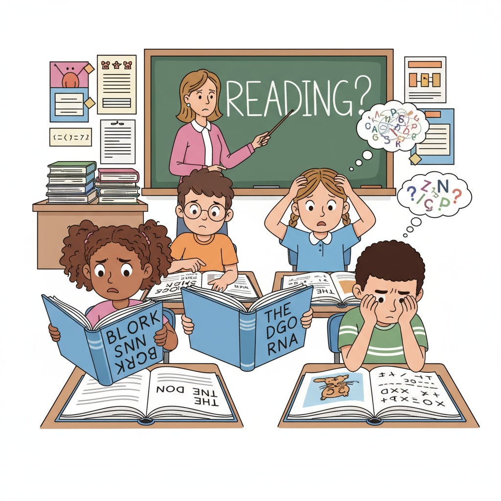 A classroom scene where students are looking confused while trying to read simple texts, indicating their struggle with basic reading skills. Functional illiteracy in a classroom setting, highlighting the reading comprehension challenges students face, related to the education crisis.
