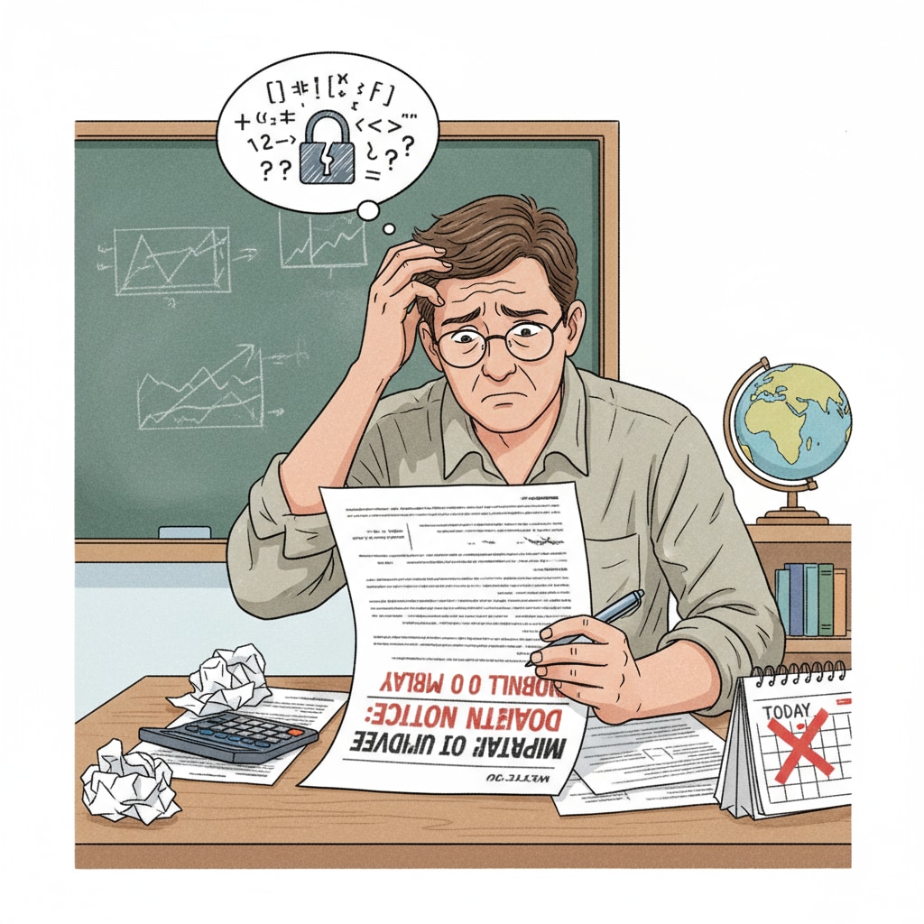 An individual sitting at a desk, looking perplexed while attempting to read an important document, symbolizing the difficulties of functional illiteracy in daily life. A person experiencing the effects of functional illiteracy, struggling with reading comprehension in a real - life situation, linked to the education crisis.