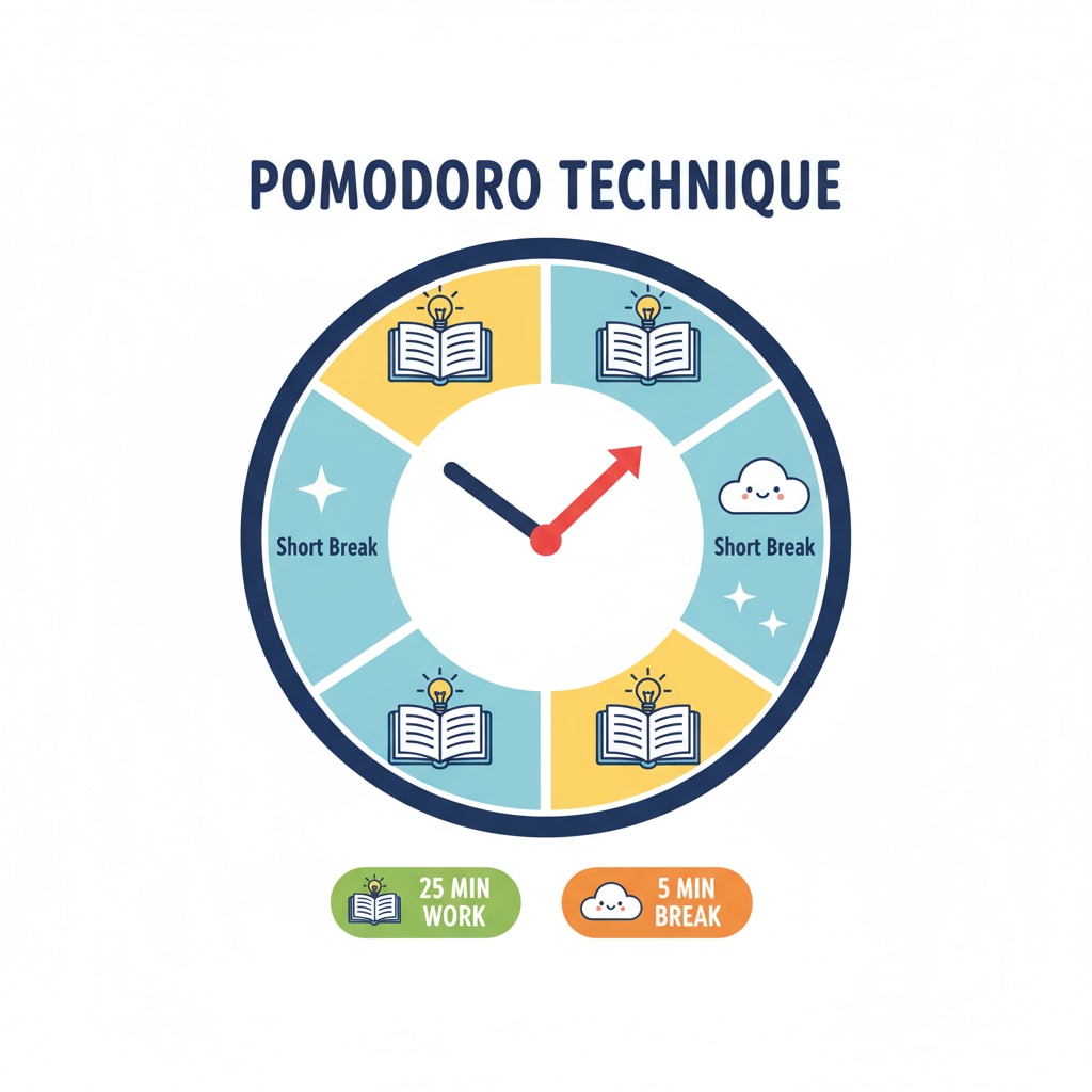 A stylized graphic illustrating the Pomodoro Technique, showing a clock divided into focused work segments and short break segments. Simple, kid-friendly icons might be included to make it relatable for parents of young children. Visual representation of the Pomodoro Technique, a practical method for effective study techniques.