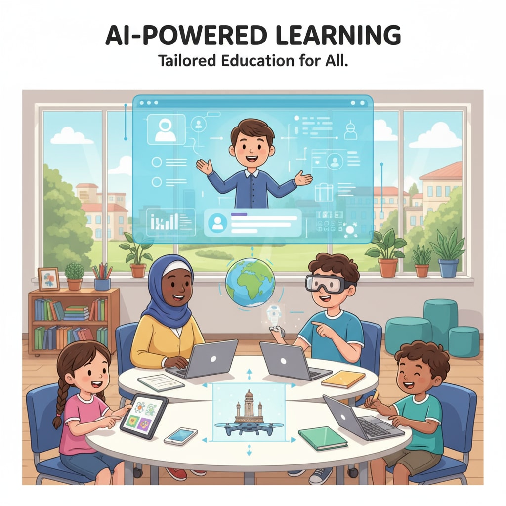 An illustration showing students of different ages and backgrounds happily learning with AI-assisted video teaching resources Students learning with AI-assisted video teaching resources promoting learning equity